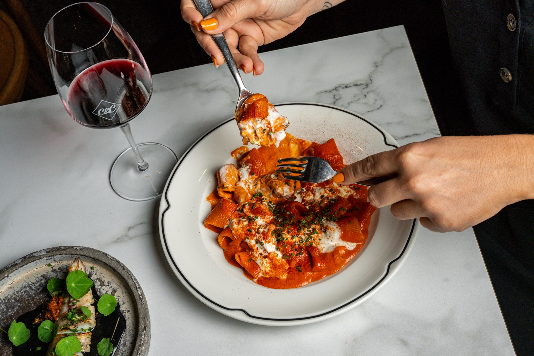 A colourful pasta dish ready to share